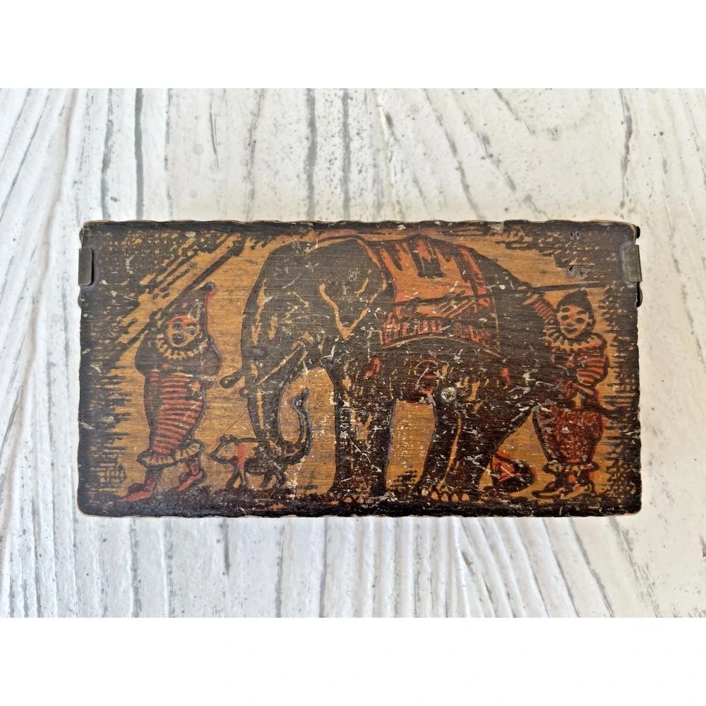 Antique Wood Pyrography Box Circus Clowns Elephant Unique Hinges 2.5 x 5